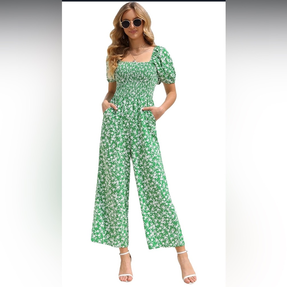 Green and White Floral Off-Shoulder Jumpsuit